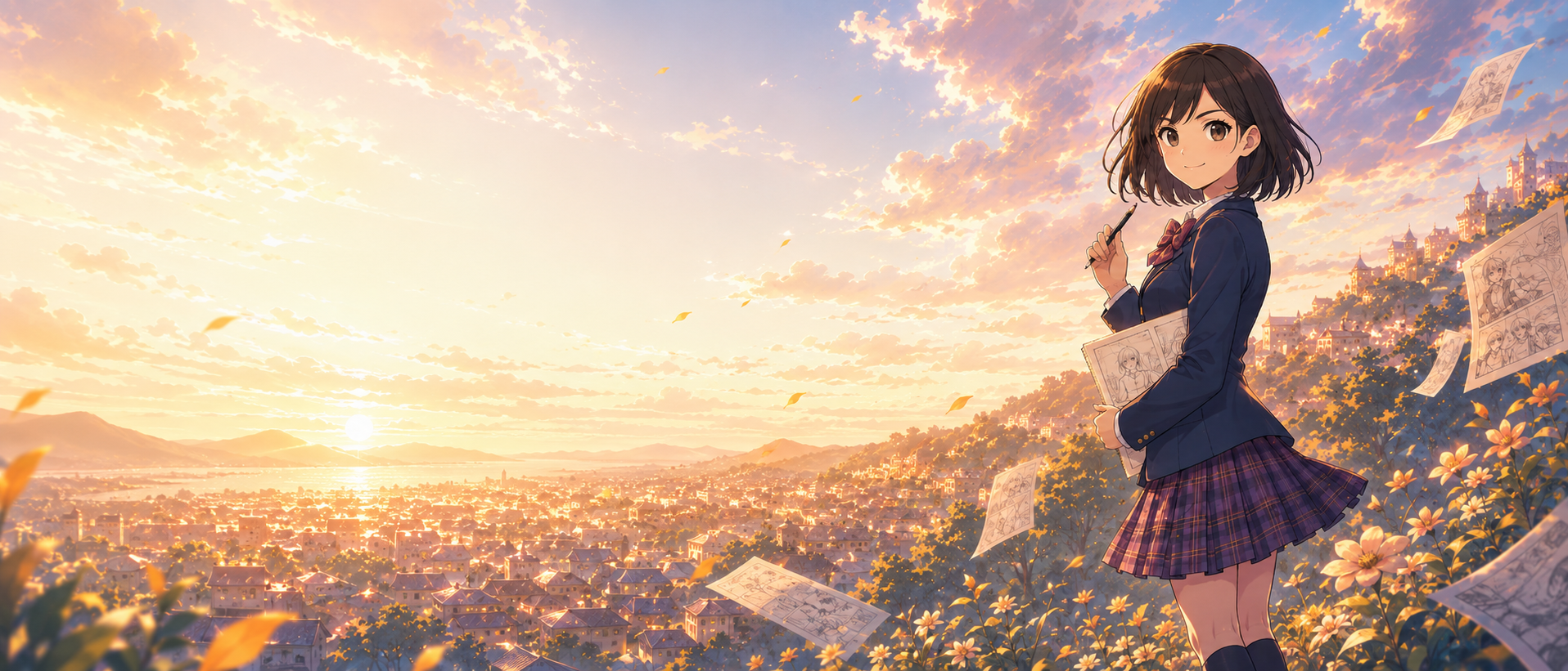 夕焼けの花畑から街を見下ろす少女